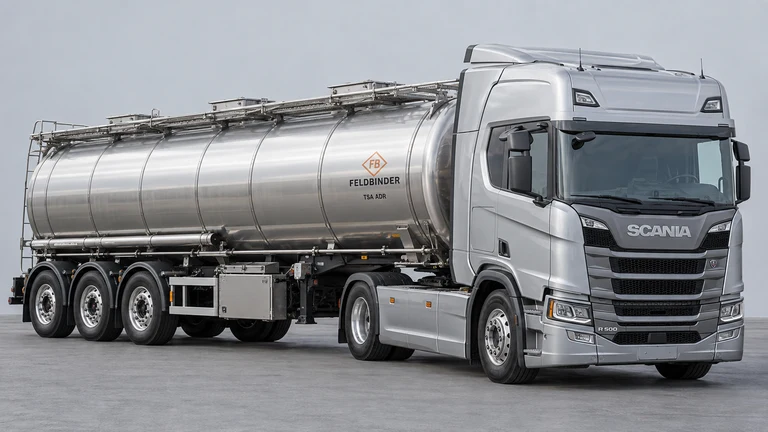 Etil alkol (etanol) taşımacılığı için Scania R 500 çekici ve Feldbinder TSA ADR referanslı tanker; temsili görsel