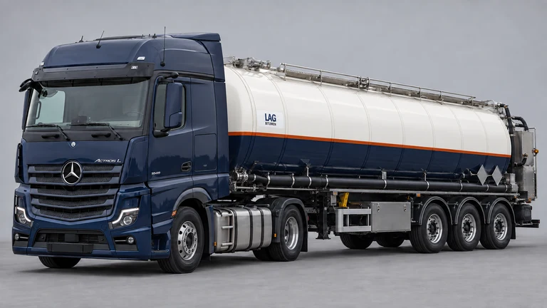 Fuel oil taşımacılığı için Mercedes-Benz Actros L çekici ve LAG bitumen-series tank referanslı tanker; temsili görsel