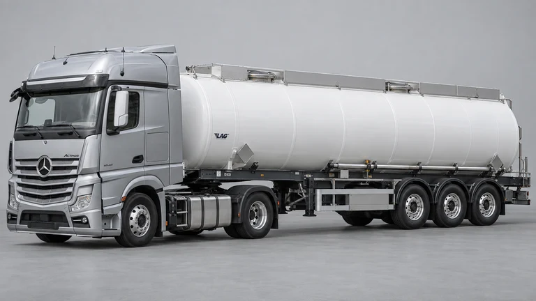 Hidroklorik asit (tuz ruhu) taşımacılığı için Mercedes-Benz Actros L çekici ve LAG acid tank referanslı tanker; temsili görsel