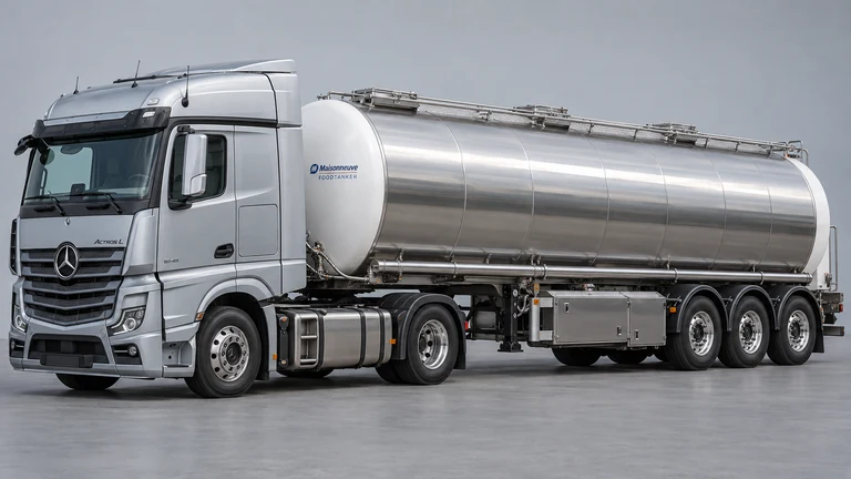 Meyve suyu konsantresi taşımacılığı için Mercedes-Benz Actros L çekici ve Maisonneuve FOODTANKER referanslı tanker; temsili görsel