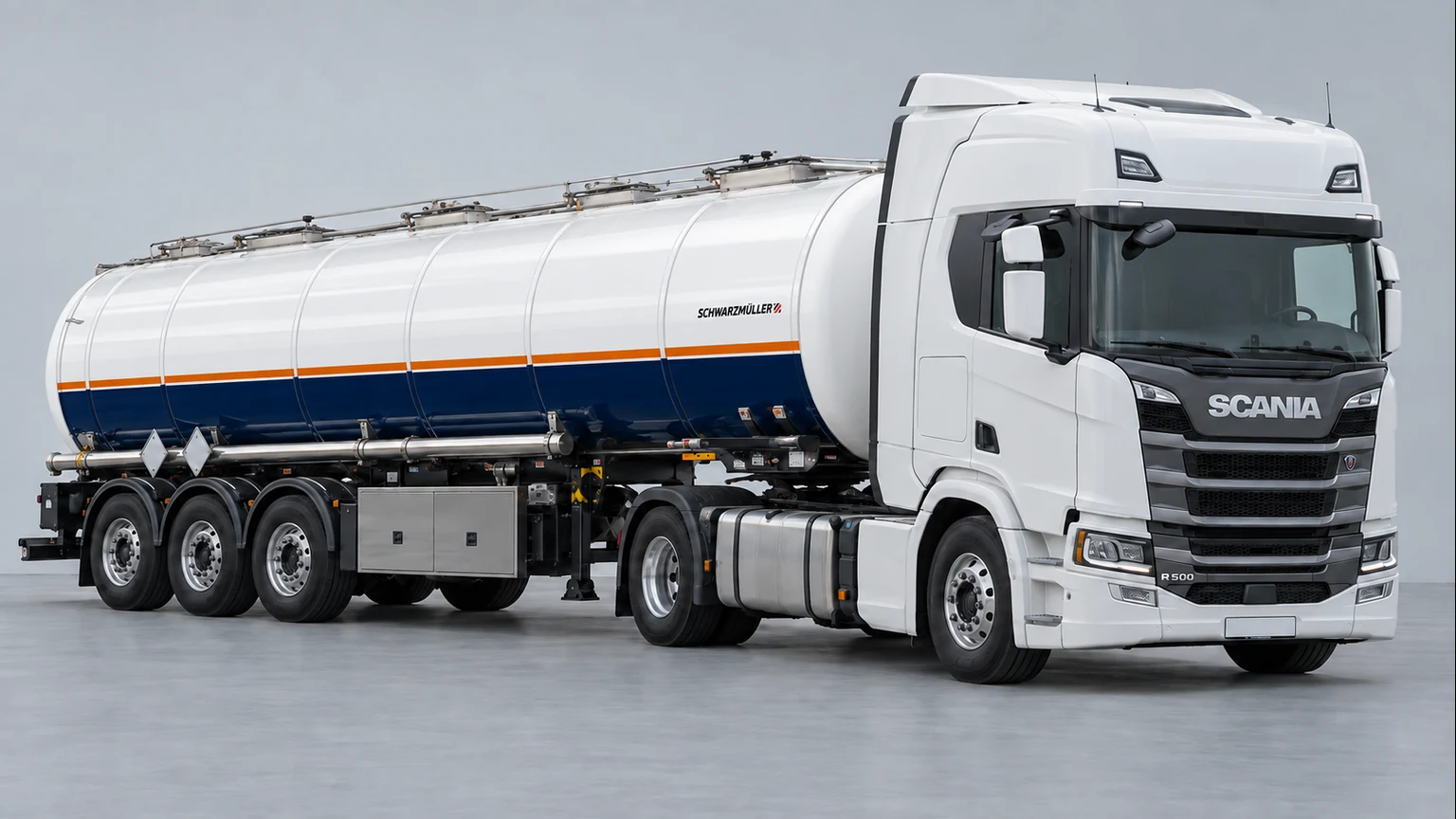 Scania R 500 çekici ve Schwarzmüller mineral-oil tank referanslı tanker; temsili görsel