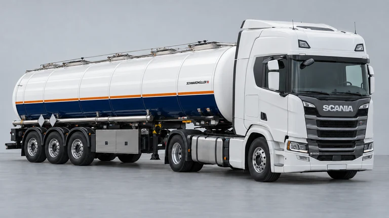 Scania R 500 çekicili beyaz ve lacivert tanker; temsili görsel