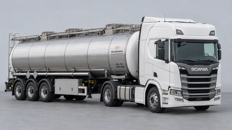 Sıvı kostik (sodyum hidroksit çözeltisi) taşımacılığı için Scania R 500 çekici ve Feldbinder TSA ADR referanslı tanker; temsili görsel