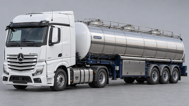 Solvent (toluen, ksilen) taşımacılığı için Mercedes-Benz Actros L çekici ve MAGYAR chemical tank referanslı tanker; temsili görsel