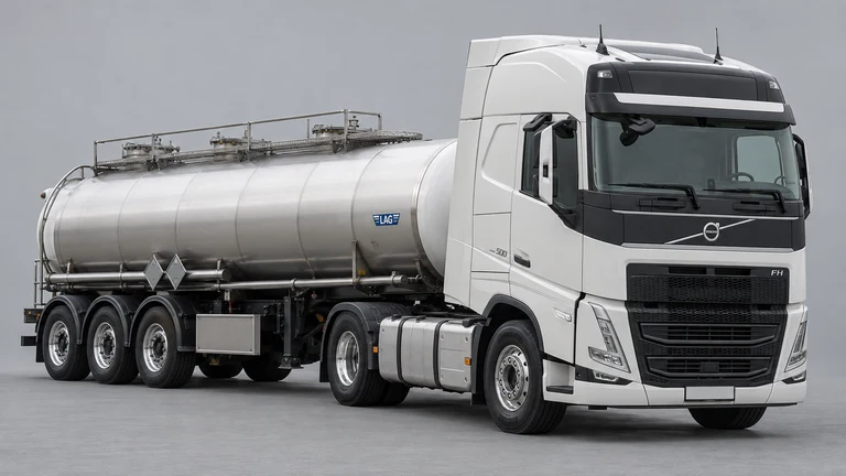 Sülfürik asit taşımacılığı için Volvo FH 500 çekici ve LAG acid tank referanslı tanker; temsili görsel
