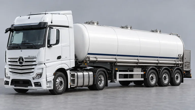 Çiğ süt taşımacılığı için Mercedes-Benz Actros L çekici ve Maisonneuve MILKTANKER tipi süt dorsesi referanslı tanker; temsili görsel